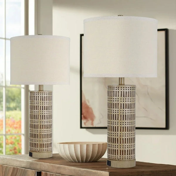 2 Pack 27'' Tall Rustic Brown Textured Bedside Lamps, 9W Living Room Lamps With USB A + Type C Charge Ports, 3000K Warm White Side Table Lamp With Linen Shade, Resin Night Lamp For Bedroom, Entryway