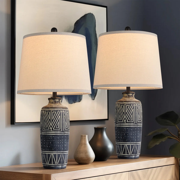 AKASUKI 25'' Carved Geometric Pattern Nightstand Lamps Set of 2, Rustic Ceramic Southwest Table Lamps for Living Room, Bedroom, Bedside, Home Office